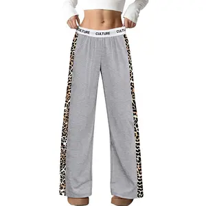Women's Wide Leg Sweatpants, Leopard Print Side Stripe Casual Trousers with Letter Elastic Waist, Loose Fit Loungewear Pants for Streetwear & Daily Wear