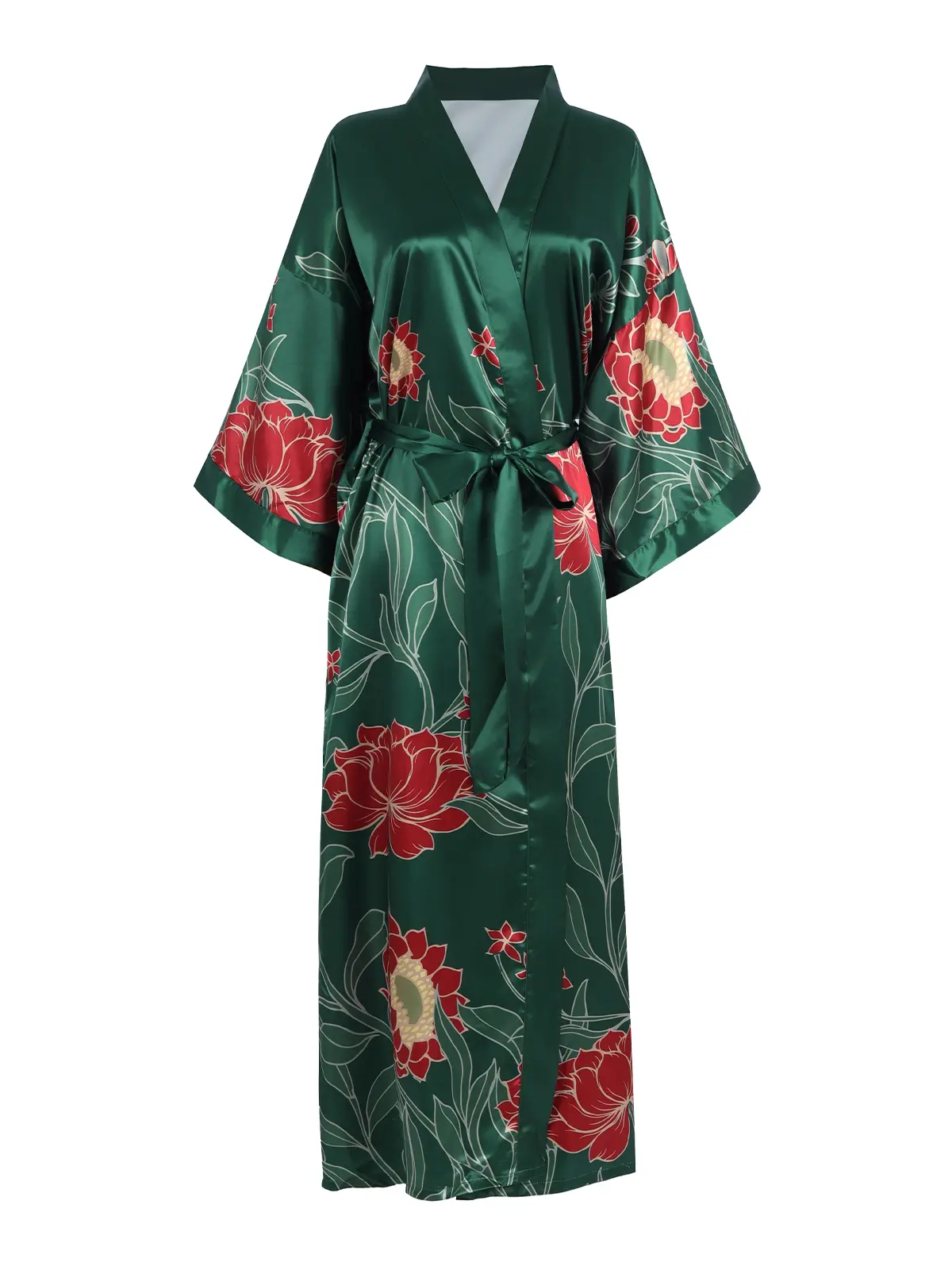 Women's Long Silk Kimono Robes, Floral Soft Bathrobe Bride Sleepwear with Practical Pockets, Breathable and Not Stuffy, Anniversary, Weddings Bridal Party Gifts, Lightweight Luxury Dressing Gown Black White Wine Green Champagne One Size