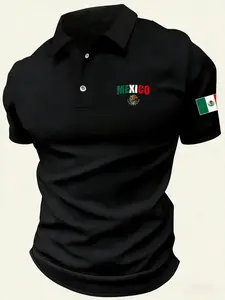 Men's Mexican Flag Patriotic Polo Shirt, Casual Golf Top, Mexico Coat of Arms Print Short Sleeve T-Shirt, Summer Street Style