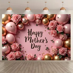 Happy Mother's Day Letter Pattern Balloon & Flower Pattern Backdrop, Vibrant Design, 1 Count Romantic Pull Flag, Party Decoration Supplies for Home Party, Banners, Wall Hanging Backdrop