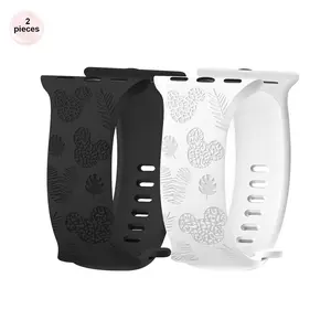 2-Pack Laser Engraved Silicone Band Compatible Apple Watch Smartwatch Strap 40-49mm, Breathable Soft Mickey Mouse Sport Replacement Strap for Iwatch Se Series