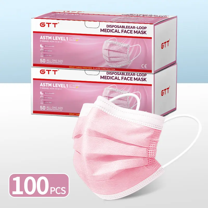 2 Box GTT Disposable 3 Ply Face Masks ASTM Level 1, 50PCS Per Box Breathable Latex-Free Earloop Disposable Medical Grade Mask for Daily Protection, Dust & Pollen Block,  Blue/Pink/White/Black