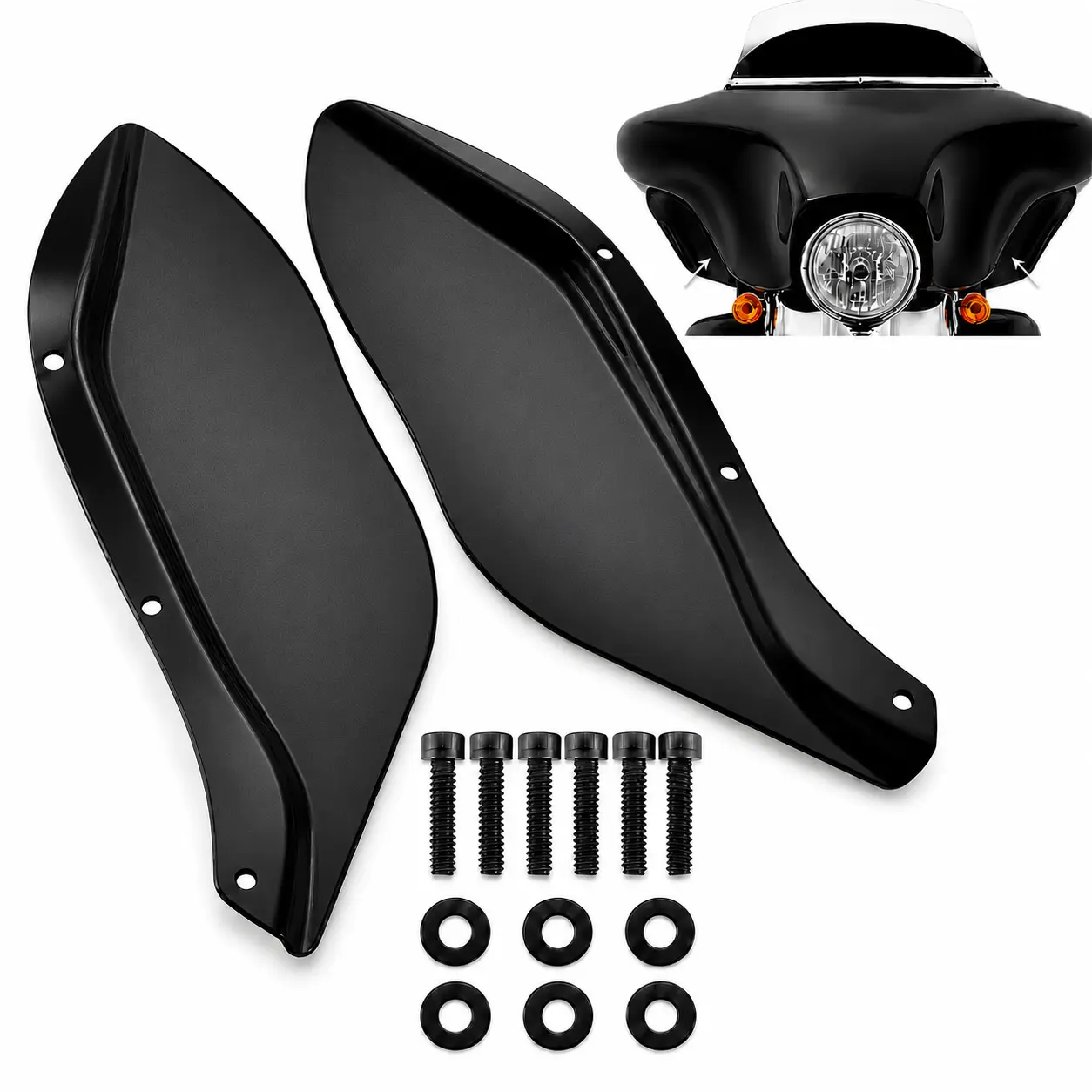Brand New Aftermarket ABS Black Side Fairing Air Wind Deflectors (1 Pair) - Screw-On Installation with Mounting Hardware Included, Redirects Side Airflow, for 1996-2013 Harley Touring Models, Electra Glide, Street Glide, FLHT, FLHX