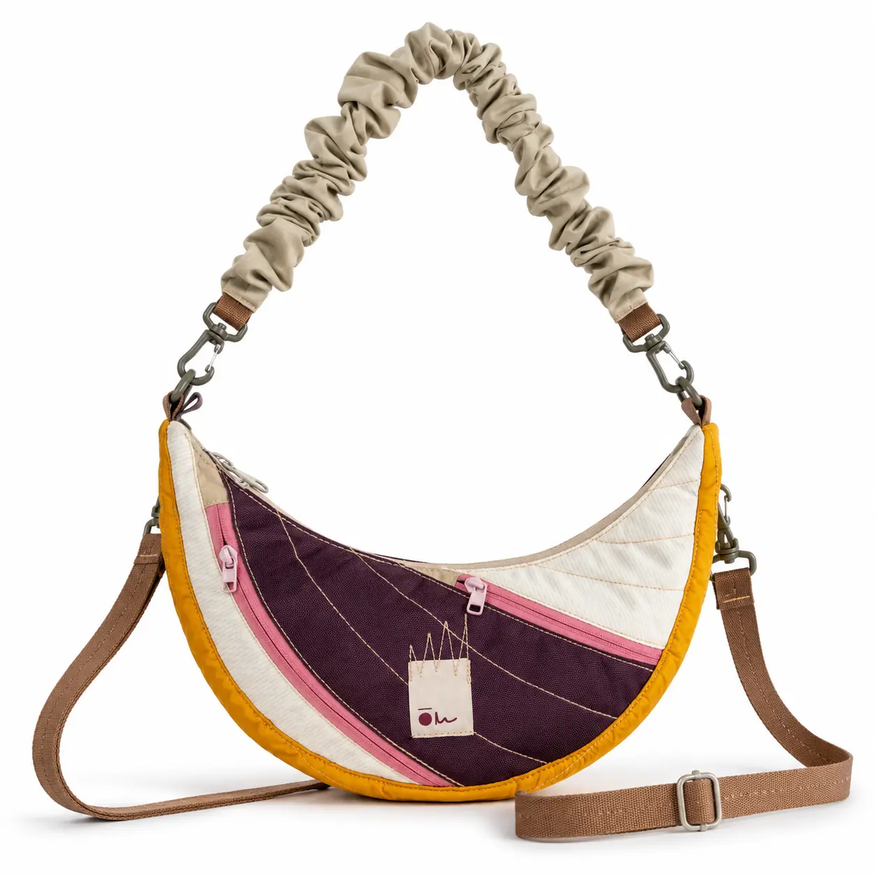 Crescent Bag for Women, 6-Compartment 420D Nylon Shoulder Purse with Detachable Scrunchie Strap and Adjustable 47–55 in Crossbody Strap, Moon-Shaped Everyday Handbag