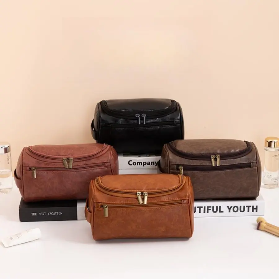 Portable toiletry bag travel large capacity storage bag waterproof PU business man hanging toiletry cosmetic bag