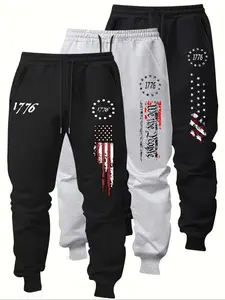Men's Graphic Print Long Pants Set, Elastic Waist, Regular Fit, Casual Comfort, Pocket Design, Spring & Fall Fashion, Trouser, 3 Piece Pack, Athletic Sportswear, Casual Pocket Trousers