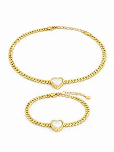 Costume Jewelry 2-Piece 18 Karat Gold White Heart Set - Necklace and Bracelet with Subtle Charm, Fashion Accessory