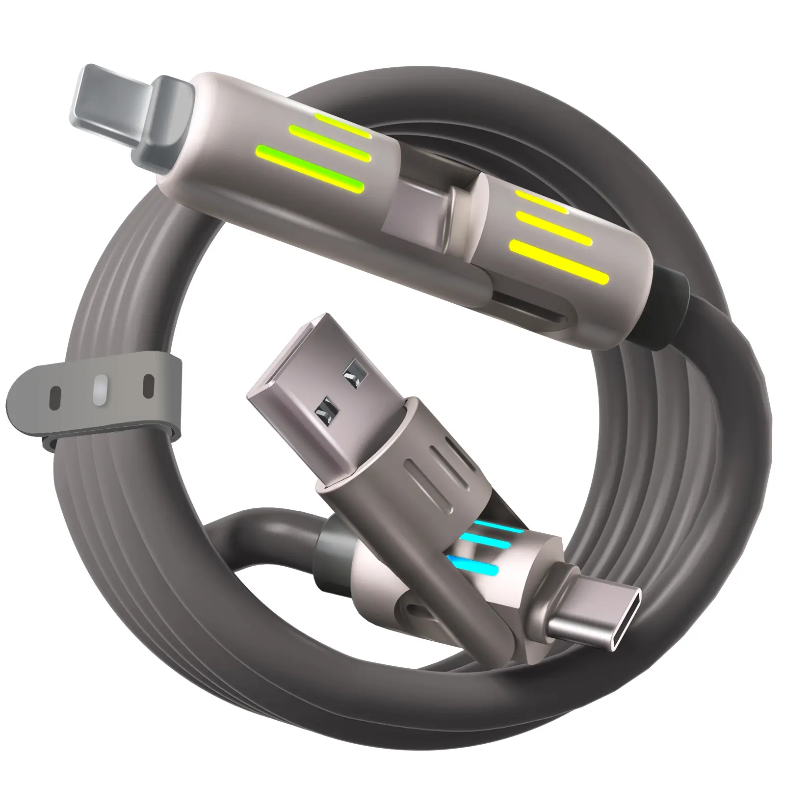 240W 4-in-1 Durable Silicone USB-C Charging Cable (4ft) - Aluminum Alloy Multi-Functional Cable with USB-A, Type-C, Lightning Connectors for iPhone 15/14, iPad Pro, Mobile Phones, Electronic Cellphone Devices