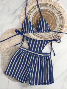 New Fashion Sexy Striped Bikini Set for Women, Three-Piece Swimsuit with Tie Back Bikini, Halter Neck and Tie Strings, Perfect for Summer Beach Vacation