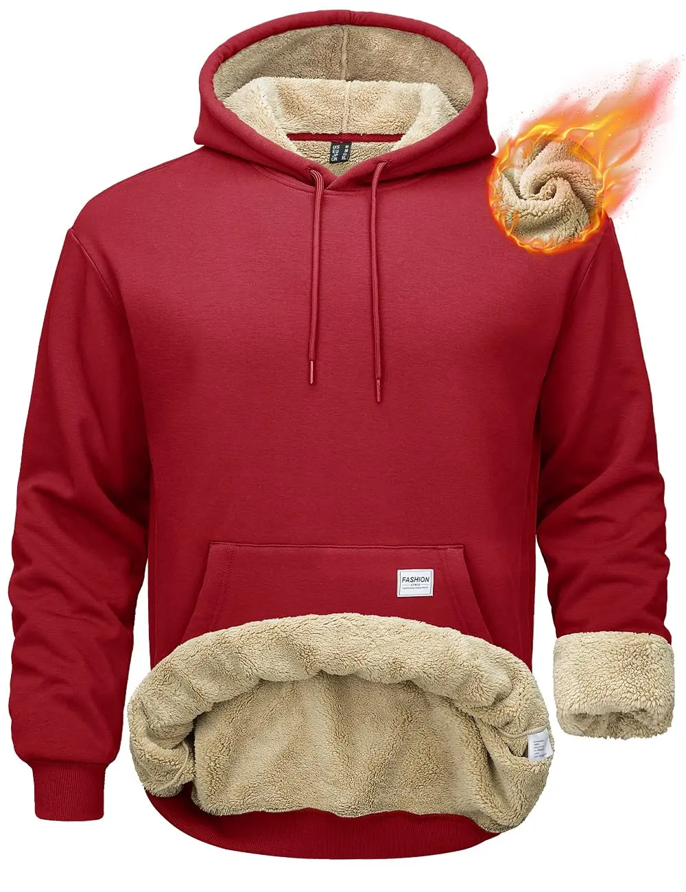 Men's Long Sleeve Thermal Plain Casual Hoodie Sweatshirt, Sherpa-Lined Thick Warm Winter Heavyweight Fleece Pullover with Elastic Kangaroo Pocket
