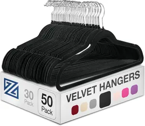 Hangers 50 Pack - Heavy Duty Black Hangers for Coats, Pants & Dress Clothes - Non Slip Clothes Hanger Set - Space Saving Felt Hangers for Clothing