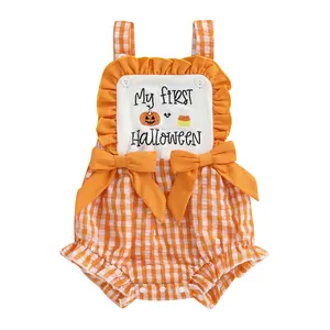 My First Halloween Baby Girl Outfit Ruffles Sleeveless Bows Bubble Romper Overalls Gingham Onesie Bodysuit Jumpsuit