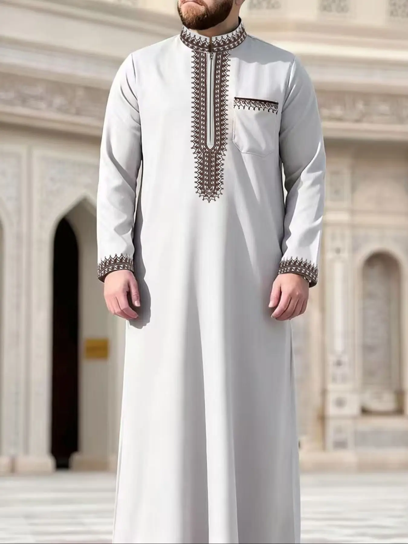 Muslim Men's Long thobe Islamic Loose Stand Collar Long Sleeve Embroidered Robe Prayer Festival Wear Modesty thobe Traditional Arabic Clothing Fit