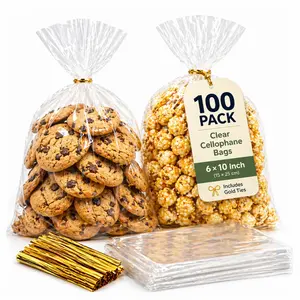 100 Pcs Cellophane Bags - 6x10 Inch Clear Treat Goodie Bags Flat Bag With 100pcs Twist Ties, No Gusset Ideal for Cookies, Candy, Snacks, Popcorn and Party Favors summerwins