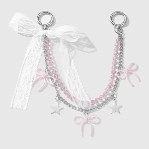 1 piece – delicate, fashionable, sweet vintage design; versatile multi-color handmade beaded chain with faux crystal, lace ribbon, bow, and star charms; DIY keychain and bag charm; suitable for girls/women/sisters/best friends; ideal for everyday wear and
