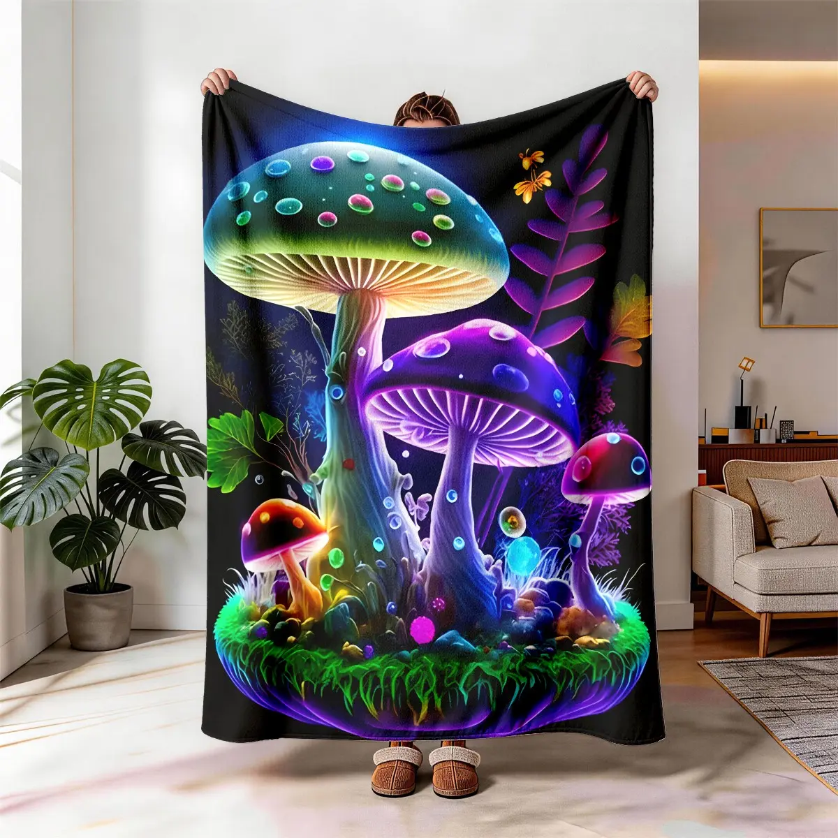 Neon Dream Mushroom Fantasy Flannel Blanket, Large Size, Soft and Lightweight, Perfect for All Seasons, Ideal for Bed, Sofa, Office, Camping, Travel
