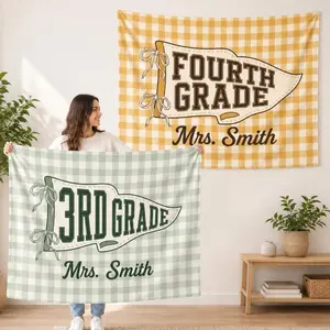Personalized Grade Tapestry: Classroom Pennant Wall Banner with Teacher Name, Gingham Style Options