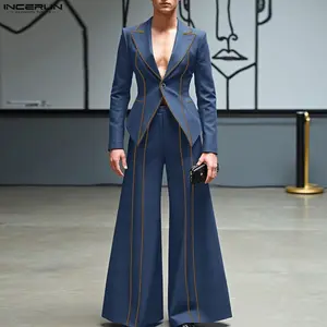 INCERUN Men's All-Season 70s Retro Slim-Fit Suit with Contrast Piping, Blazer & Super Flared Bell-Bottoms Set, for Disco Stage Performance, Party & Gala Tuxedo