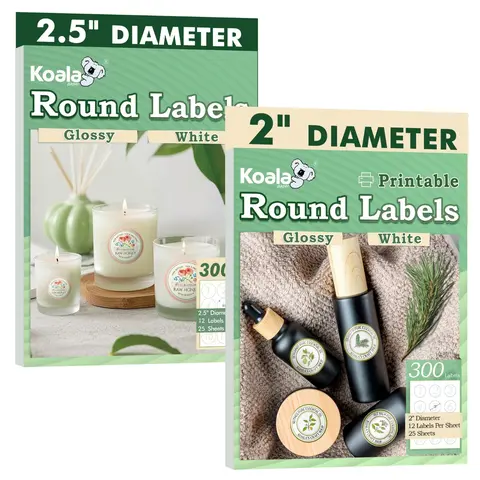 Koala Round Labels 2.5 In & 2 In, Glossy White,a total of 25 sheets, 12 Labels per Sheet, Strong Adhesive, Printable Circle Stickers for Business & Crafts, DIY Craft Paper