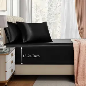 3pcs Extra Deep Pocket Satin Sheet Queen, Black Bottom Sheet Fit 18-24 Inch Deep Pocket Mattress, Silky  Ultra Deep Sheet  2 Pillowcase