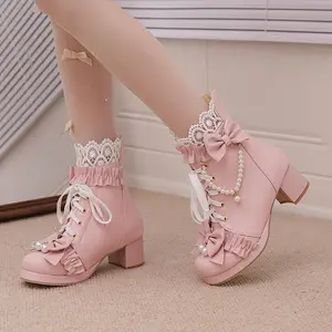 Women's Cute Kawaii Boots for Girls Chunky Mid Heel Ankle Boots With Bow Platform Lace Up Booties With Pearl Sweet Lolita-style Shoes