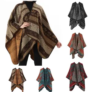 Women Boho Chic Cashmere Shawl Wrap Vintage Side Split Elegant Poncho Cape Open Front Cardigan Shawl For Winter Fall