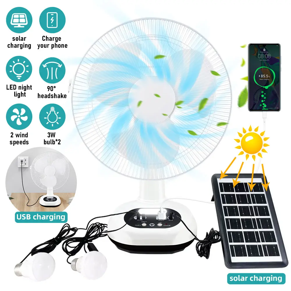 Rechargeable Fan With solar panel, USB port,LED light and 2 Free bulbs,Portable USB Fan Quiet for Home, Office, Travel, Camping, Outdoor, Indoor Fan