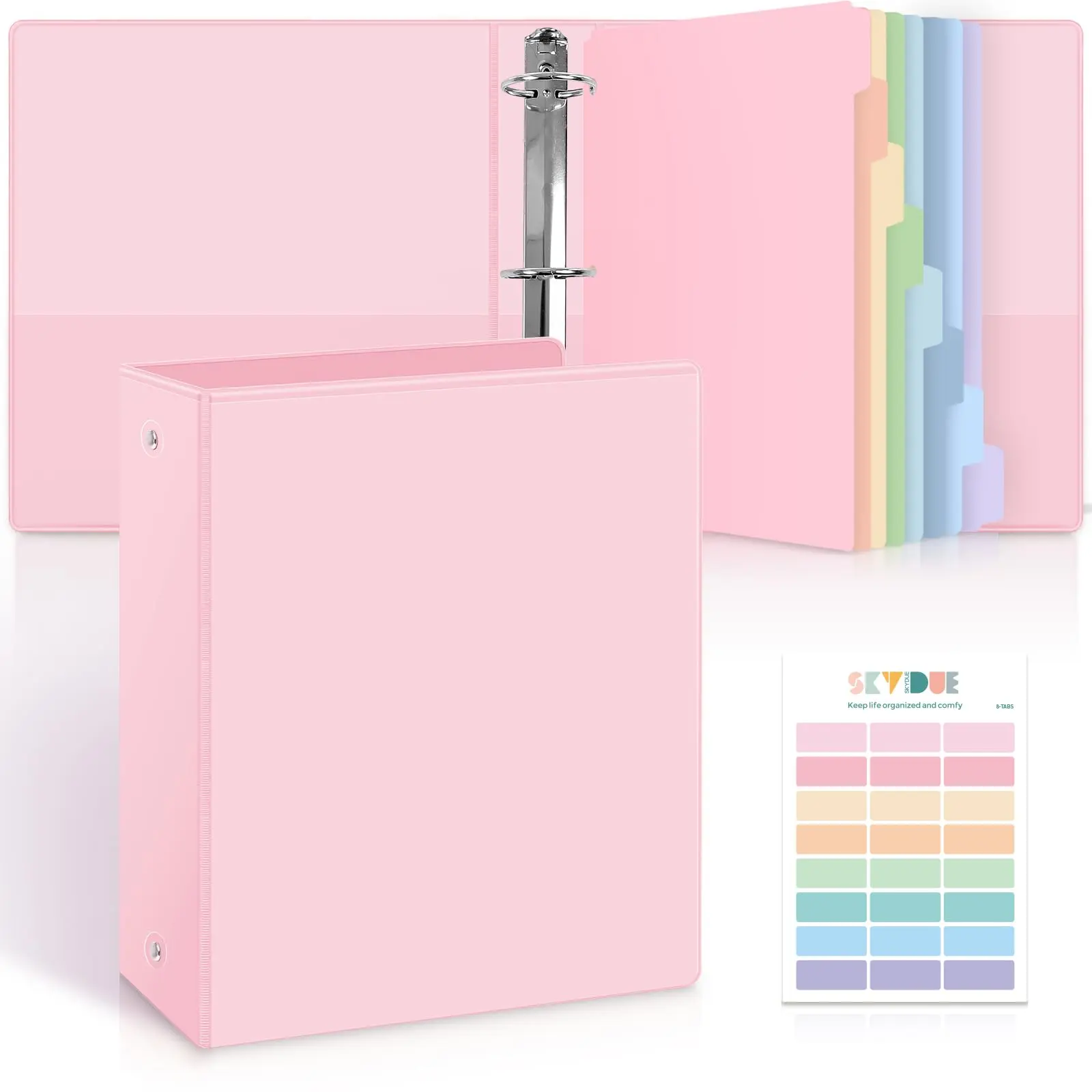 SKYDUE 3-Ring Binder Set with 8 Tab Dividers, 24 Labels, 1 in or 2 in Pastel Binders for Letter Size Paper, Office Accessories for School & Home Organization
