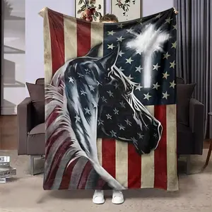 American Flag & Horse Pattern Blanket, Soft Throw Blanket, Air-conditioned Room Blanket, Warm Nap Blanket for Home Office Travel Camping
