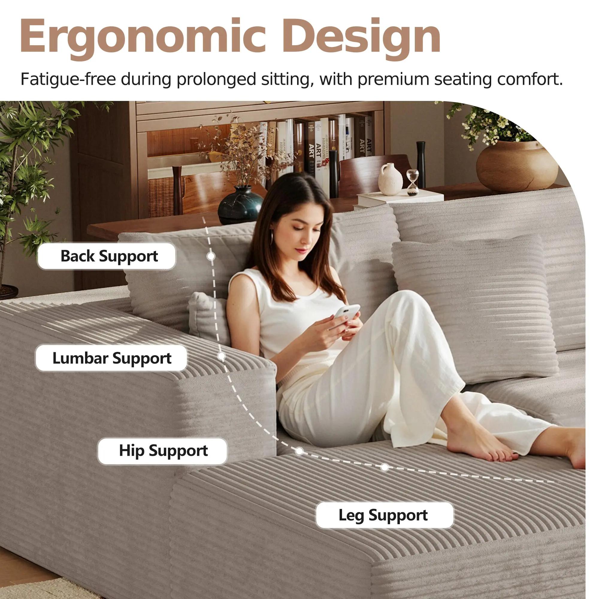 Modern Sofas For Living Room: 105.9" Modular Boneless Cloud Couch | L-Shape Sectional W/ Chaise Lounge, Deep Seat & Easy Setup | Bedroom Friendly | Khaki-colored sofa