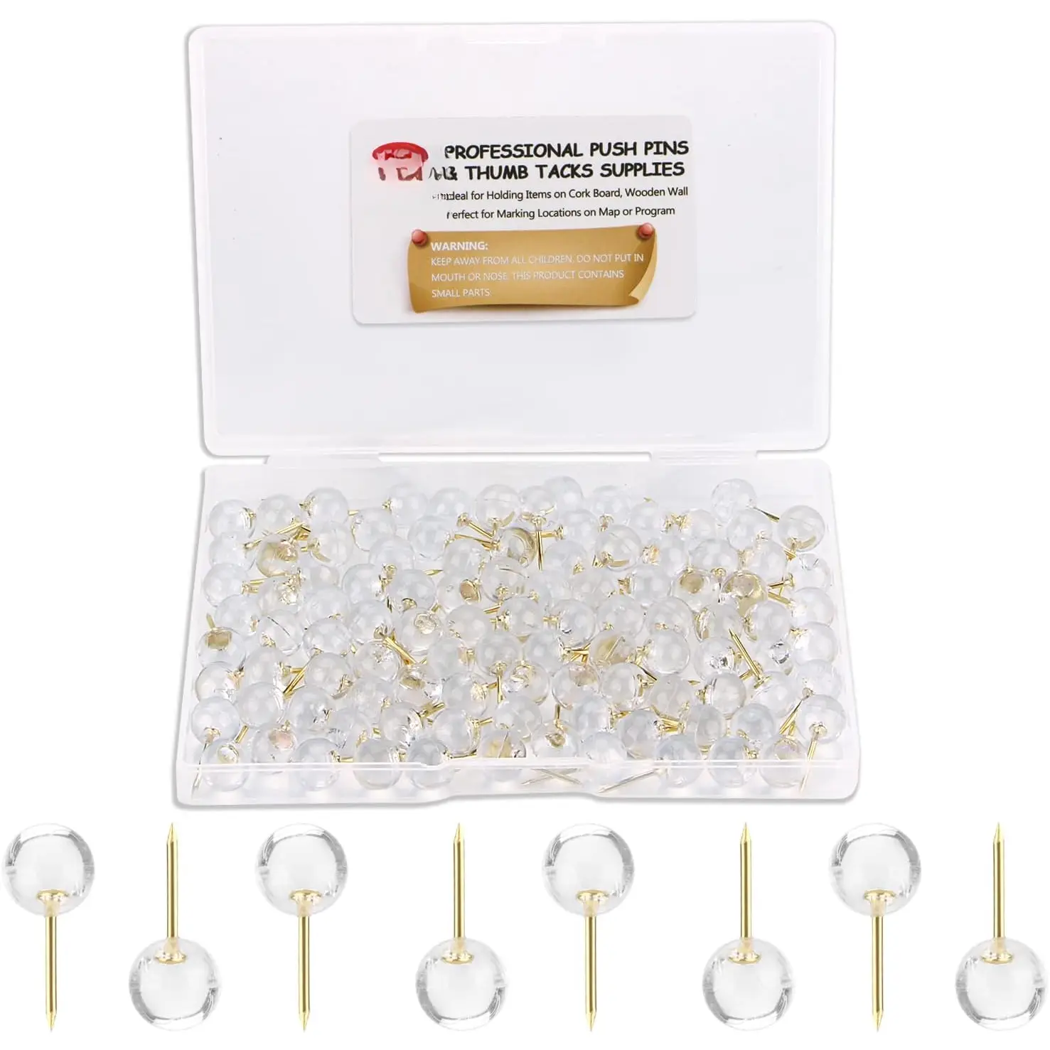 Push Pins 1/3 Inch  Map Tacks 100-Count Large Size Pins Golden Steel Point and Transparent Plastic Round  ()