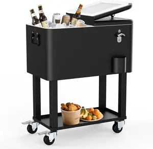 60 Quart Rolling Ice Chest, Portable Patio Party Drink Cooler Cart with Bottle Opener & Cap Collector & Drain for Patio Party BBQ & Beach Activities