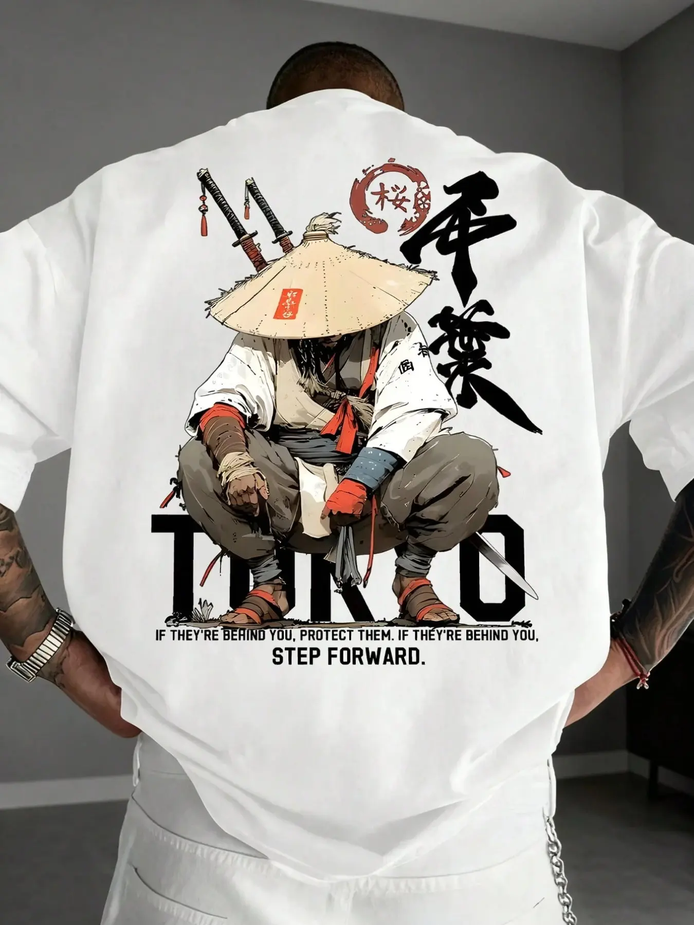 Japanese Samurai Cultural Graphic Print Classic Casual Loose Oversized White T-Shirt Streetwear Y2K Retro Vintage Tokyo Samurai Graphic Tee With Inspirational Quote