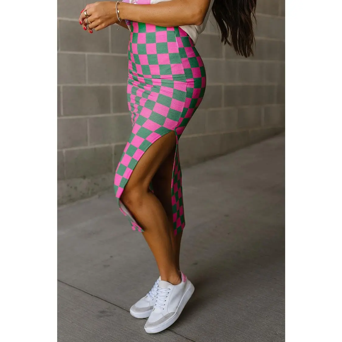 Women's Checkered Print High Elastic Skin-Tight Midi Skirt - Stretch Spandex Fabric, Side Slit, Watermelon Color, 1Xlarge, Fit