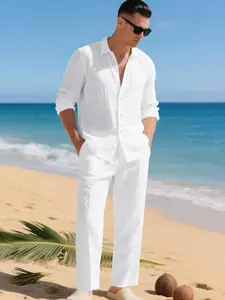 Men's Summer Linen Shirt & Pants Set, Casual Long Sleeve Beachwear, Comfortable Fashion Clothing for Vacation