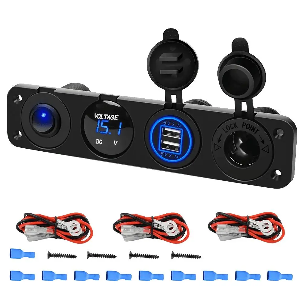 Nilight 4-in-1 Vehicle Charger with LED Display - Detachable Wires, ON/OFF Blue Socket Panel, 2 USB Ports, Voltmeter, Cigarette Lighter Adapter, Overload Safe Automotive Accessory (Charger Included), Universal Charging Solution
