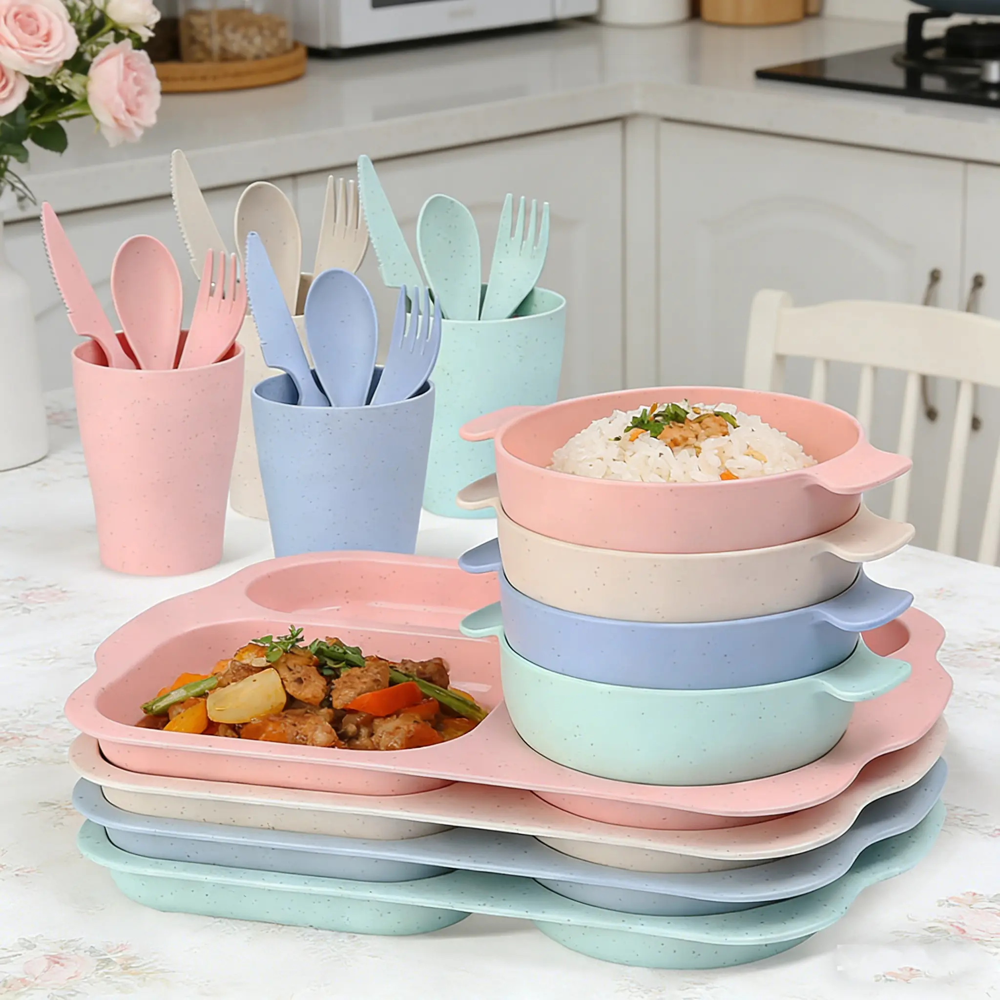 Wheat Straw Cutlery Set, 24pcs/set Including Plate*4 & Bowl*4 & Cup*4 & Cutlery*4 Sets, Reusable Wheat Straw Tableware Set, Dinnerware Service Set for Home School Restaurant Tableware Kit