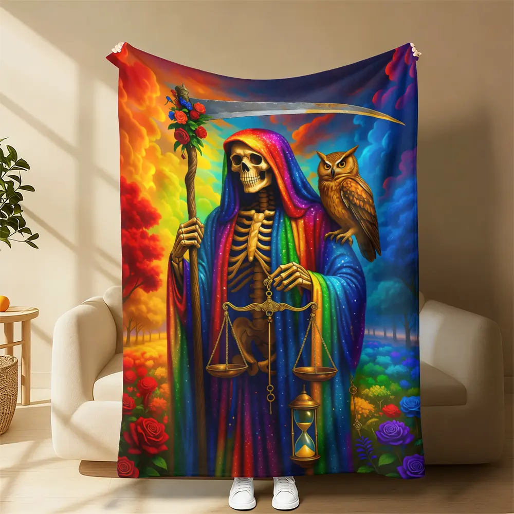 Santa Muerte Soft Plush Blanket - Bold Rainbow Robe Print, Wrinkle Resistant, Durable, Machine Washable, Multi-Size Spiritual Item, Edgy Meditation Altar Decor, Relaxing Gift for Cozy Home Use, Relaxing Gifts, Modern