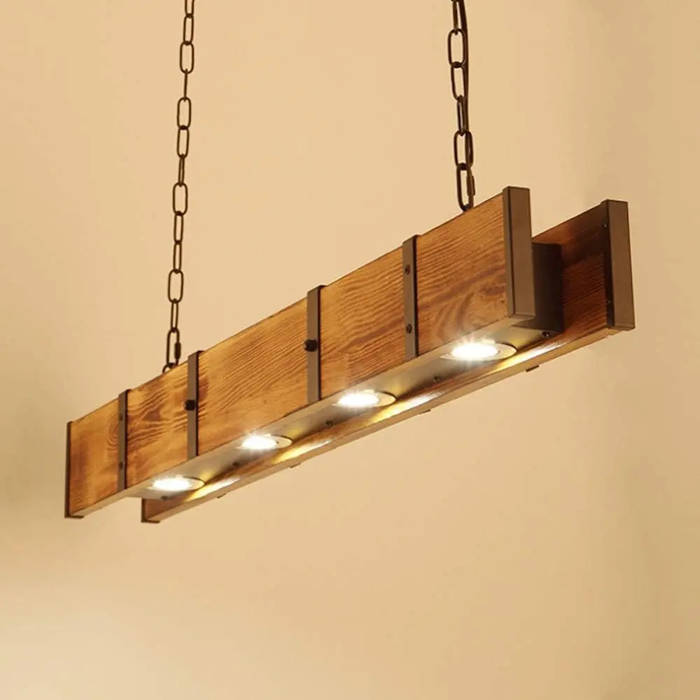 Bar Lights Hanging, Rustic Wood 4 Lights Chandelier, Farmhouse/Kitchen Island/Restaurants Wood Pendant Light, Wood Beam Light Fixture with Adjustable Chain, Vintage, 100*8*9.5cm, Brown