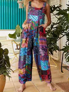 Women's Fashion Floral Print Geometric Bohemian Belted Pants, Casual Indoor Outdoor Wear, New Spring Summer Design, Comfortable, Stylish and Fitted Jumpsuit