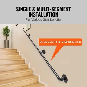 VEVOR Pipe Stair Handrail,  , 8FT Staircase Handrail, 440LBS Load Capacity Carbon Steel Pipe Handrail, Industrial Pipe Handrail with Wall Mount Support, Round Corner Wall Handrailings for Indoor, Outdoor