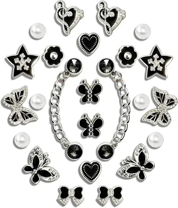 Trendy luxury shoe charms set with retro black and gold vibe, featuring butterfly, whale, and pearl accents, stylish accessories for clogs sandals, adding unique fashionable decoration