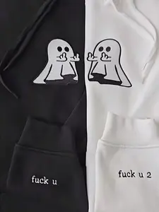 Ghost Middle Finger Hoodies, Embroidered Funny Couple Hoodie, Matching Ghost Sweatshirt, Streetwear Graphic Pullover