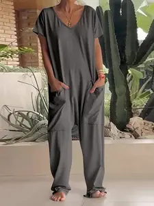 Women's Loose-Fit Casual Fashion Overalls Jumpsuit with Large Pockets, Sexy Casual Style All-Season Wearable, Comfortable Moderate Knit Fabric for Daily Use