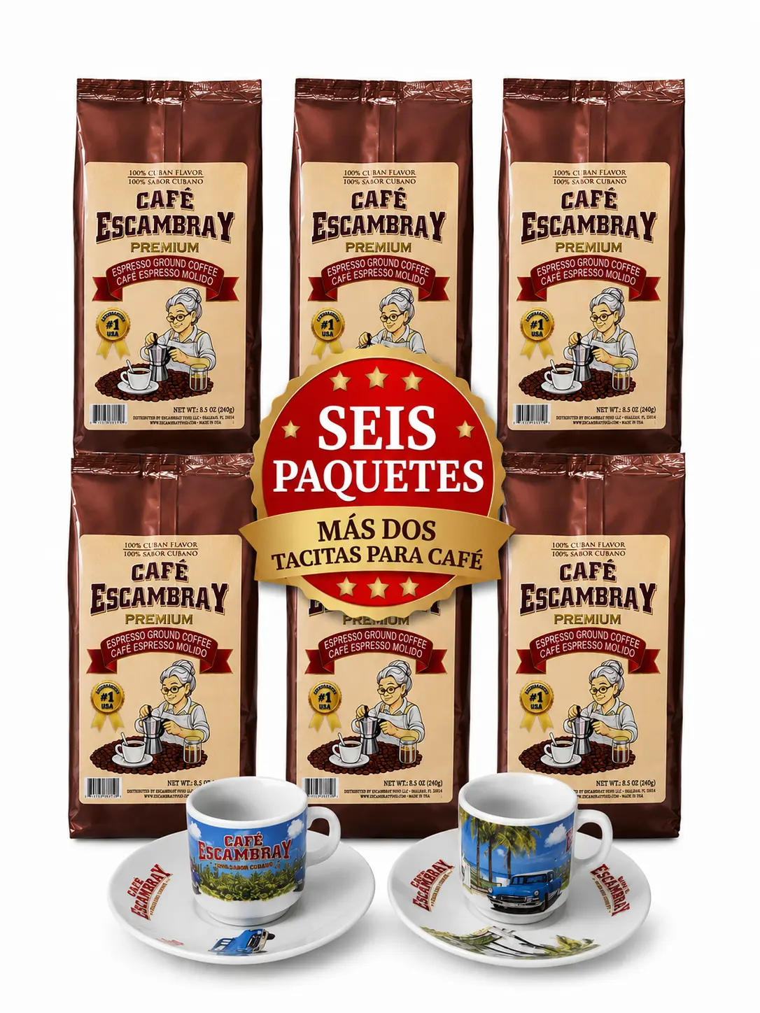 Cafe Escambray Premiun Cuban Espresso Ground Coffee 6 PK(8.5 oz (240 g)) + 2 free gift mugs - Strong Cuban Style Coffee, Dark Roast, Cafe Cubano Molido Premium.