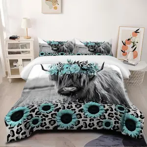 Black White Gray Tiffany Blue Highland Cow 2/3pcs Comforter Set, Comfy Bed Sets, Fluffy, Dense Black White Gray Tones Create Textured Bedding Set, Soft Comfort, Comfortable Bedroom, Adding Country-Style, Home Space, 1 or 2 Pillowcase No Pillow Core