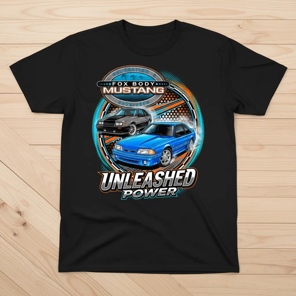 Fox Body Mustang T-Shirt - Classic 1979-1993 Ford Muscle Car Graphic Tee - Retro Car Enthusiast Gift - Iconic Unleashed Power Apparel for Men, Vintage Auto Fan Top