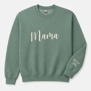 Custom Embroidered Mama Sweatshirt with Kids' Name on Sleeve – Gift for Mother’s Day, Birthday or Valentine Day