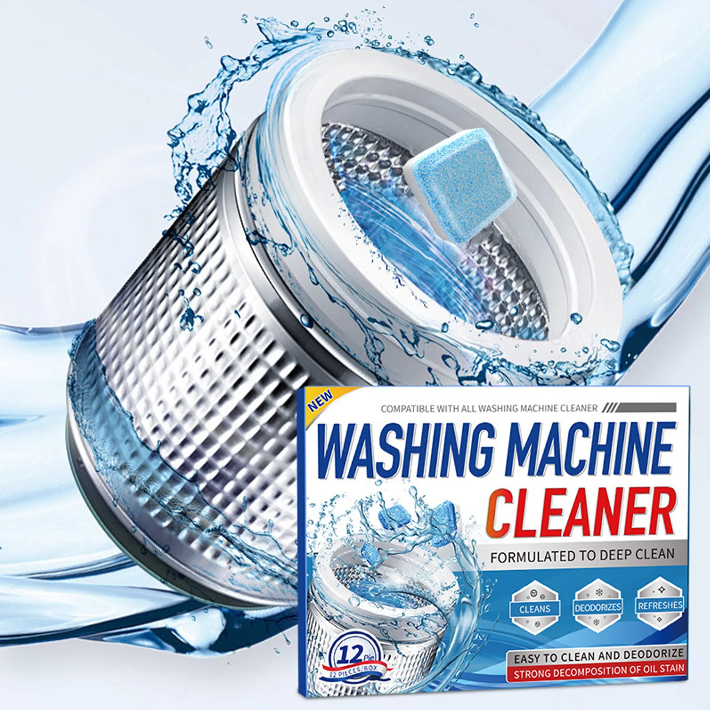 12/24 Packs Washing Machine Cleaner Tablets, Cleaning Supplies, Deep Clean Washer, Deep Cleaning for Front Loaders, Removes Odors and Dirt, Effective Odor Elimination Solution, Cleaning Products