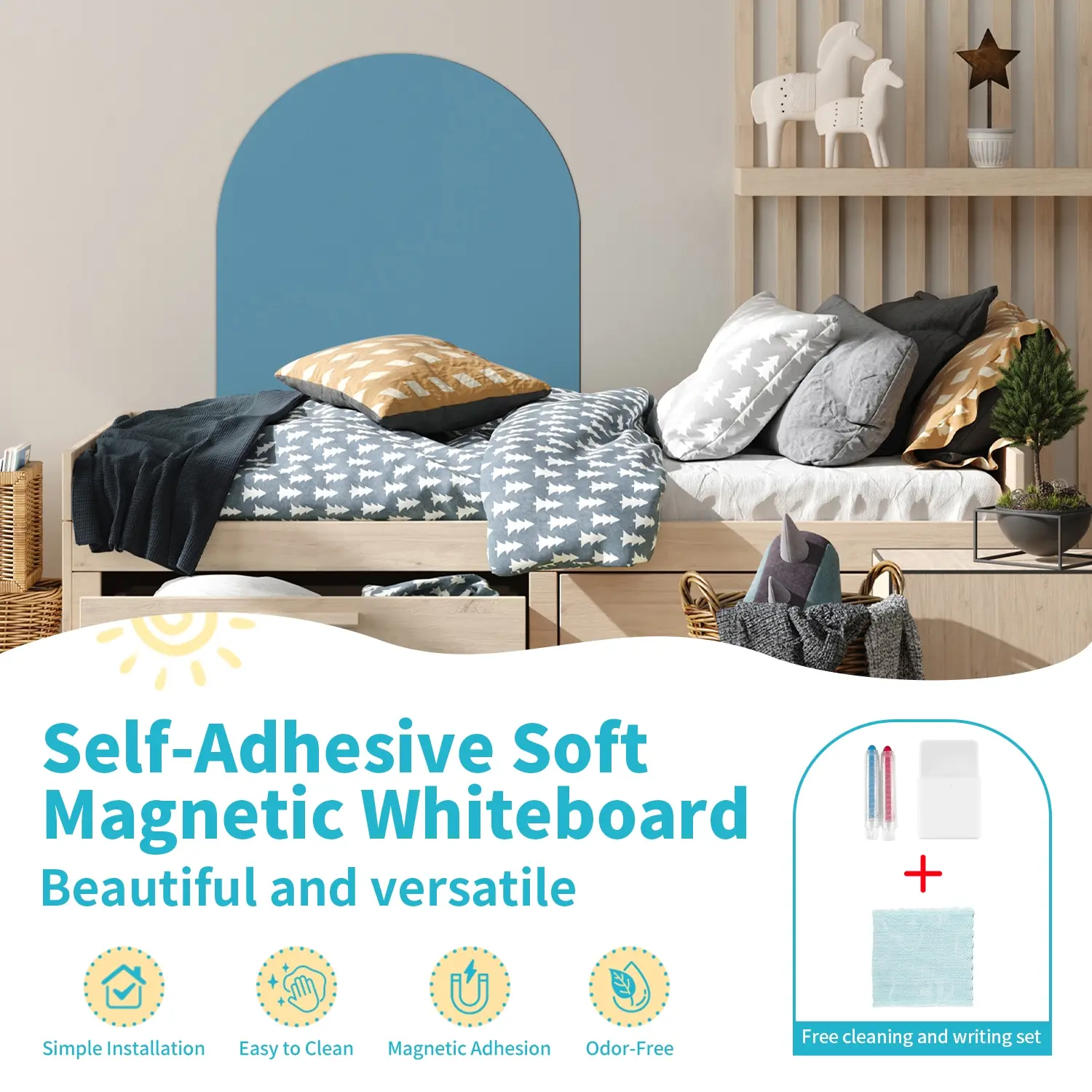 Arc-Shaped Magnetic Whiteboard for Kids, Self-Adhesive Soft Magnetic Board, Whiteboard Set, Includes Storage Box, 2 Crayons & Cloth, 50x90cm Wall Use